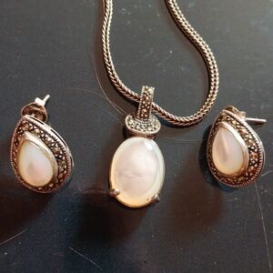 Vintage Marcasite Mother of Pearl 925 Sterling Silver Necklace and Earring Set
